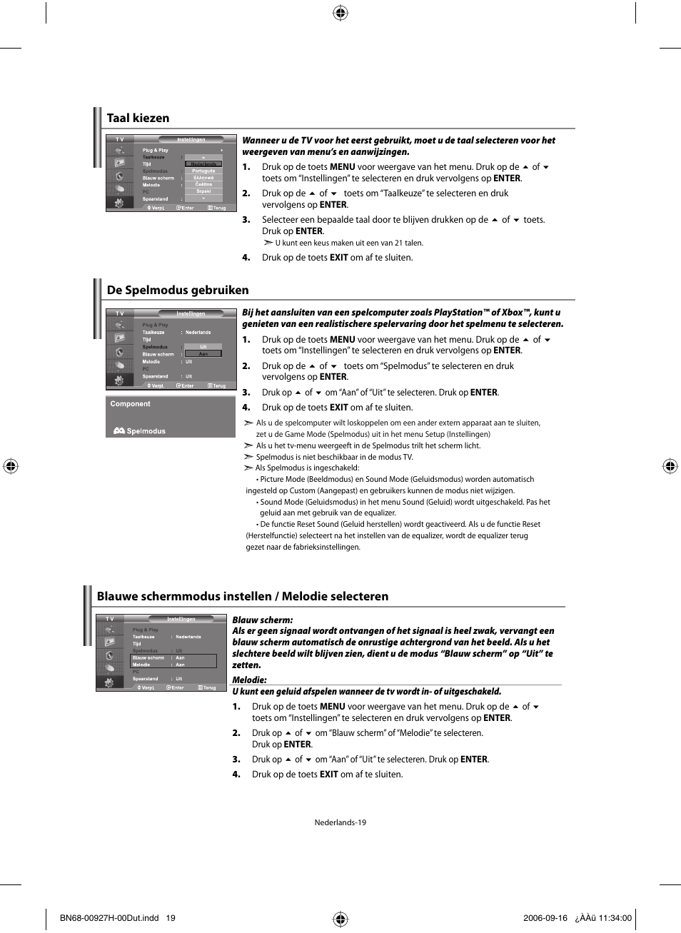 Taal kiezen, De spelmodus gebruiken, Blauwe schermmodus instellen / melodie selecteren | Samsung LE32R32B User Manual | Page 99 / 187