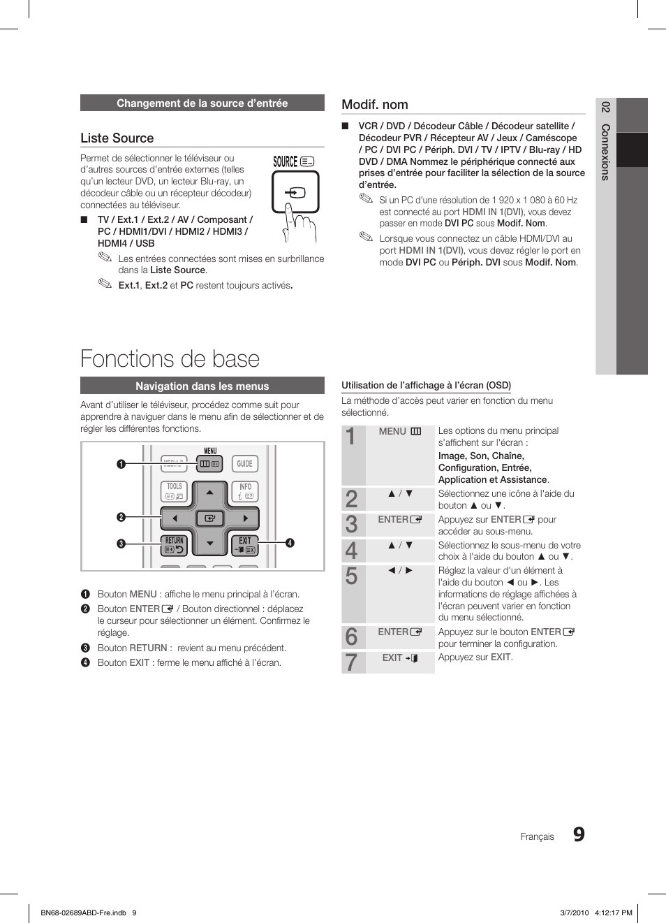 Fonctions de base, S.mode p.mode, Liste source | Modif. nom | Samsung LE37C630K1W User Manual | Page 107 / 197