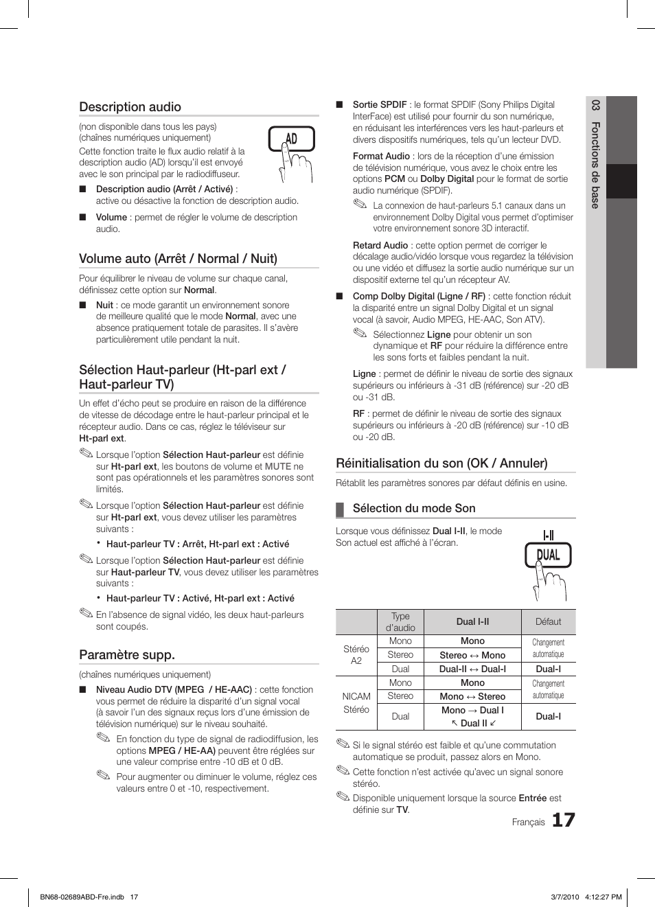 S.mode p.mode s.mode p.mode, Description audio, Volume auto (arrêt / normal / nuit) | Paramètre supp, Réinitialisation du son (ok / annuler) | Samsung LE37C630K1W User Manual | Page 115 / 197