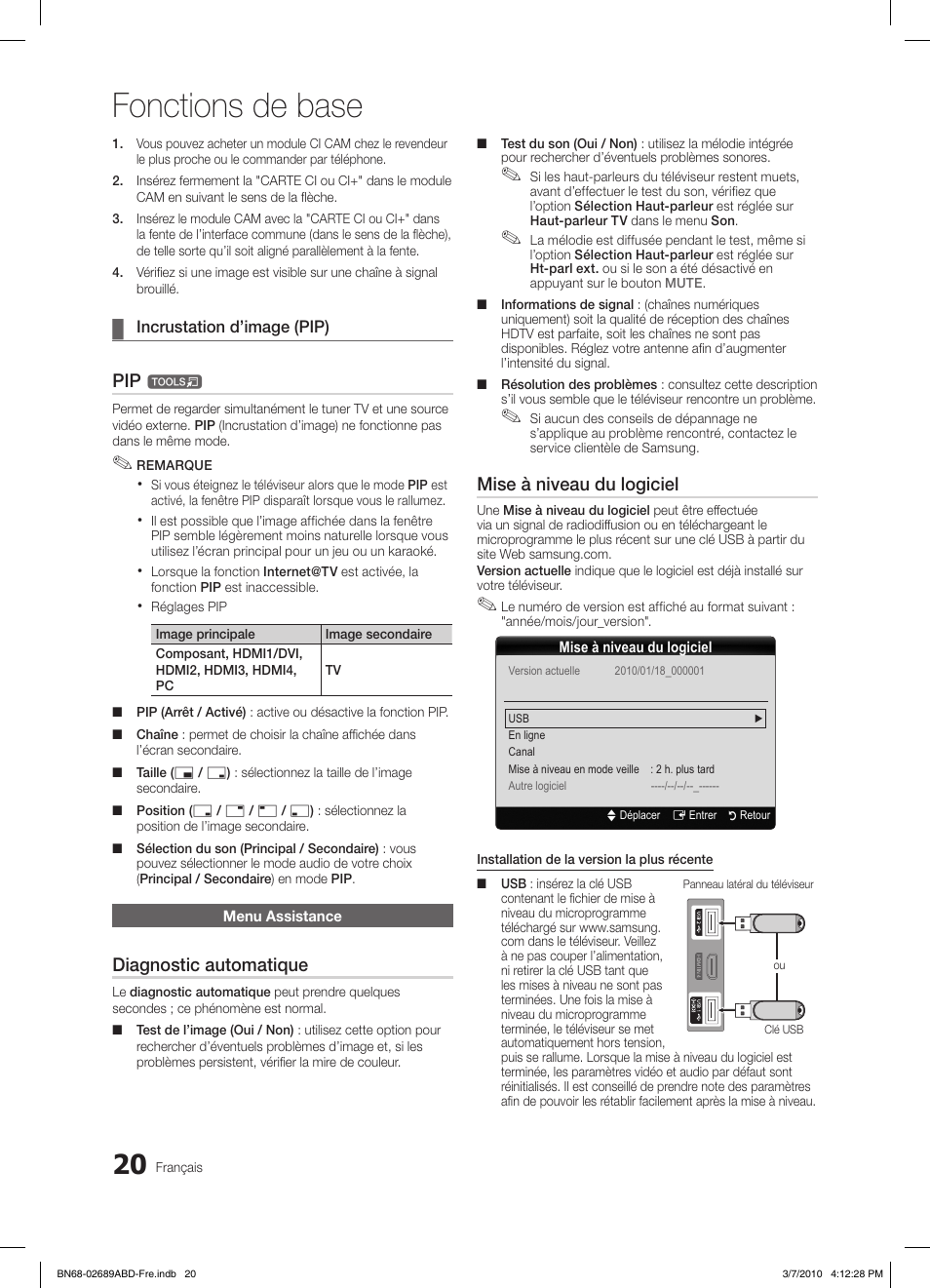 Fonctions de base, Diagnostic automatique, Mise à niveau du logiciel | Samsung LE37C630K1W User Manual | Page 118 / 197