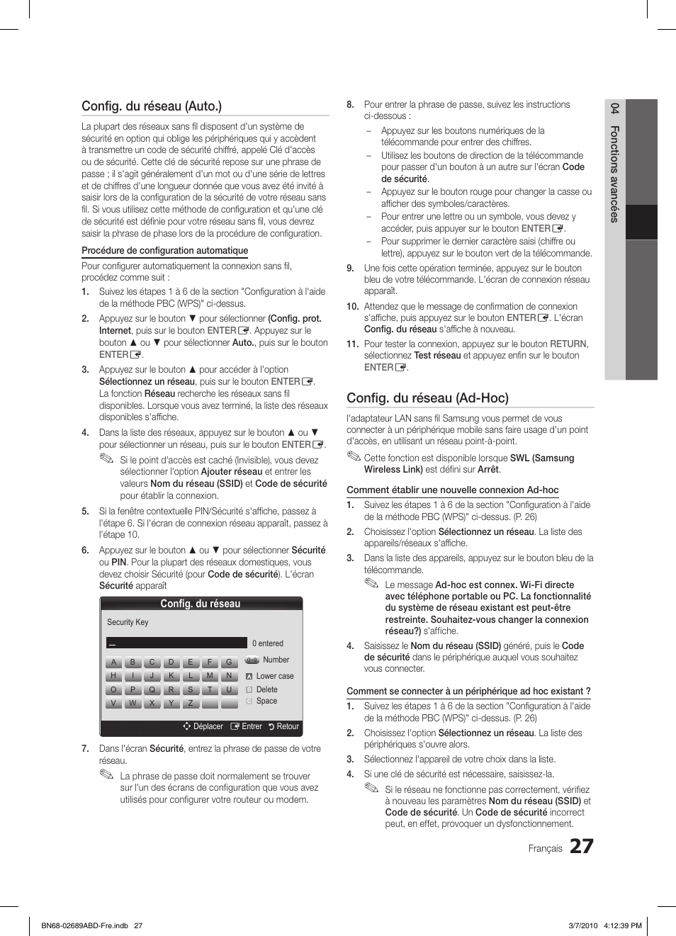 Config. du réseau (auto.), Config. du réseau (ad-hoc) | Samsung LE37C630K1W User Manual | Page 125 / 197