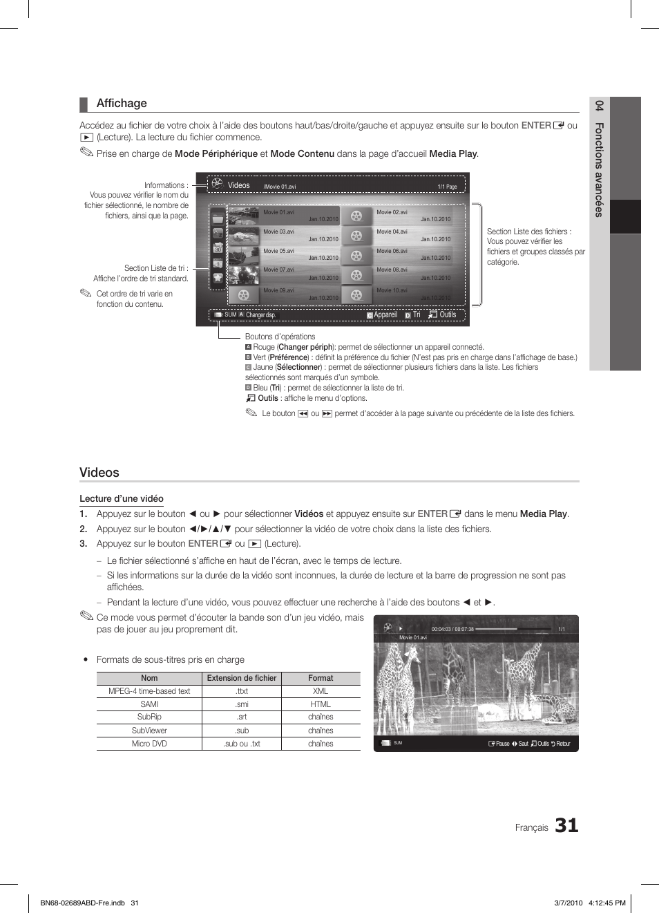 Videos, Affichage | Samsung LE37C630K1W User Manual | Page 129 / 197