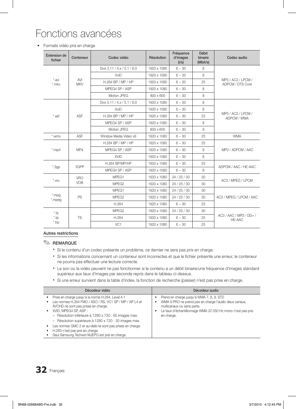 Fonctions avancées | Samsung LE37C630K1W User Manual | Page 130 / 197