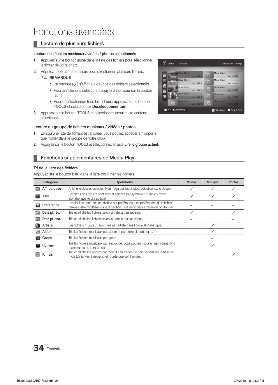 Fonctions avancées, Lecture de plusieurs fichiers, Fonctions supplémentaires de media play | Samsung LE37C630K1W User Manual | Page 132 / 197