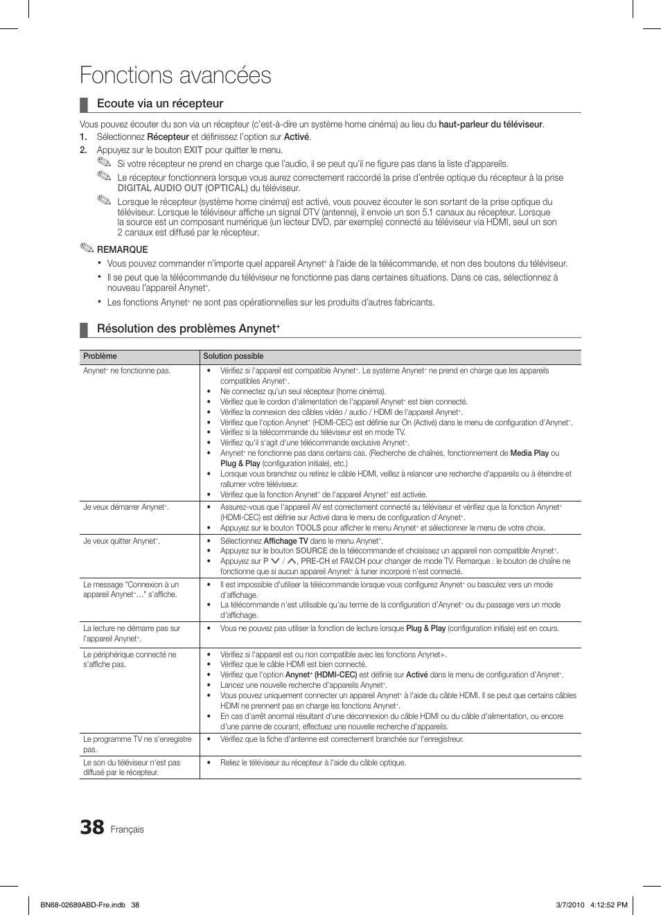 Fonctions avancées, Ecoute via un récepteur, Résolution des problèmes anynet | Samsung LE37C630K1W User Manual | Page 136 / 197