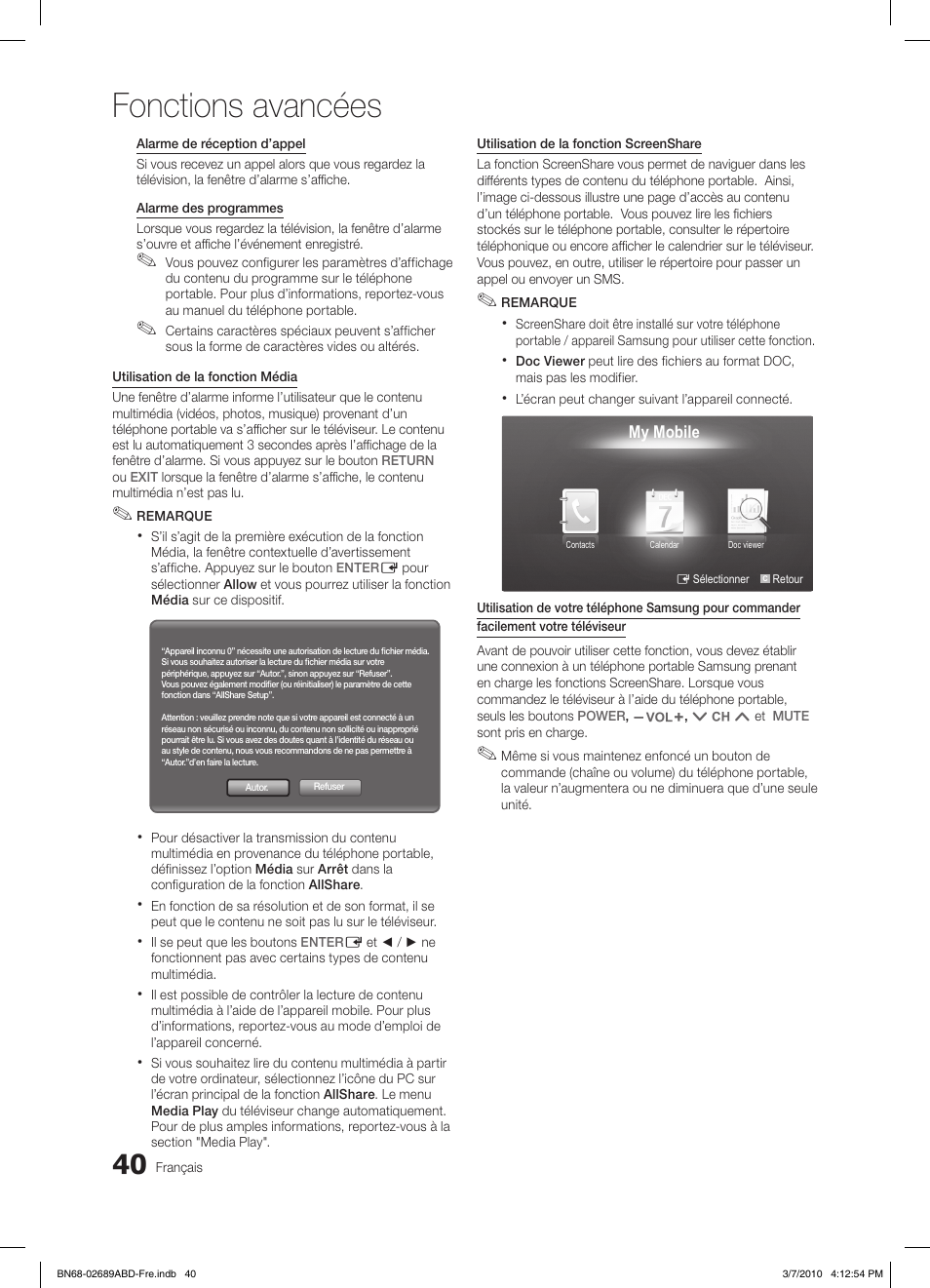 Fonctions avancées | Samsung LE37C630K1W User Manual | Page 138 / 197