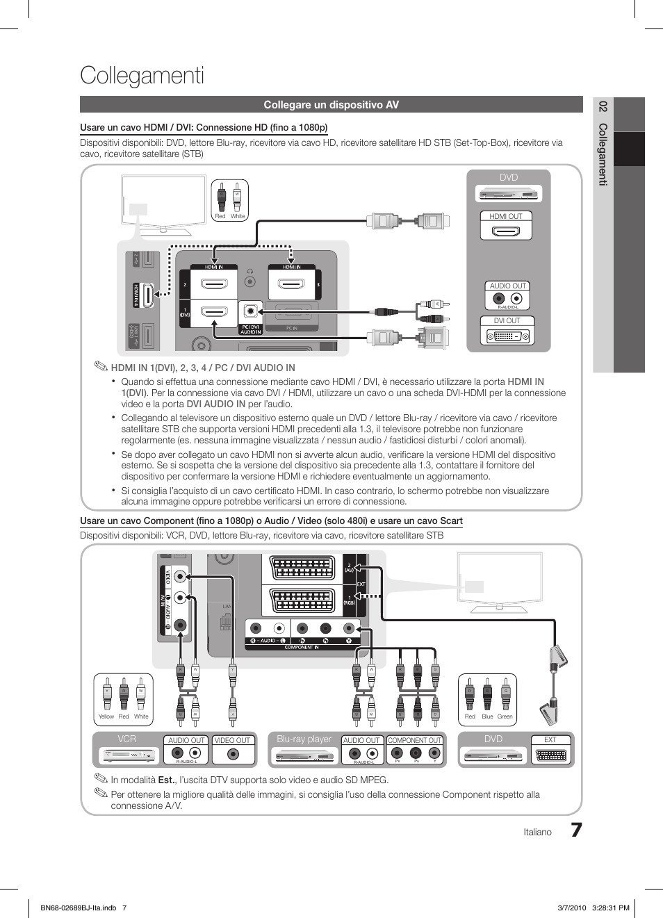 Collegamenti, 02 collegamenti, Collegare un dispositivo av | Italiano, Connessione a/v, Blu-ray player dvd vcr | Samsung LE37C630K1W User Manual | Page 154 / 197