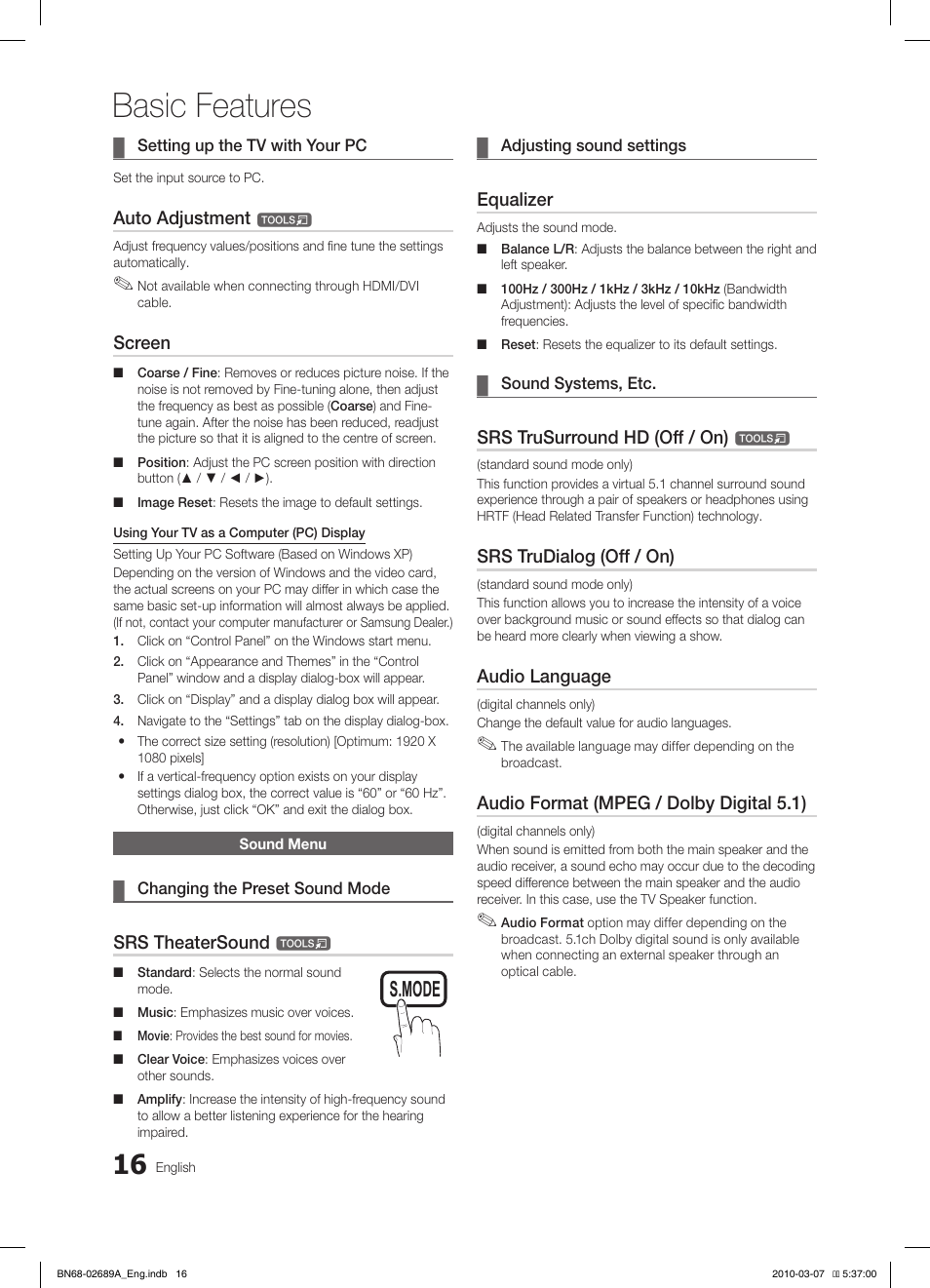 Basic features, S.mode p.mode, Auto adjustment | Screen, Srs theatersound, Equalizer, Srs trusurround hd (off / on), Srs trudialog (off / on), Audio language, Audio format (mpeg / dolby digital 5.1) | Samsung LE37C630K1W User Manual | Page 16 / 197