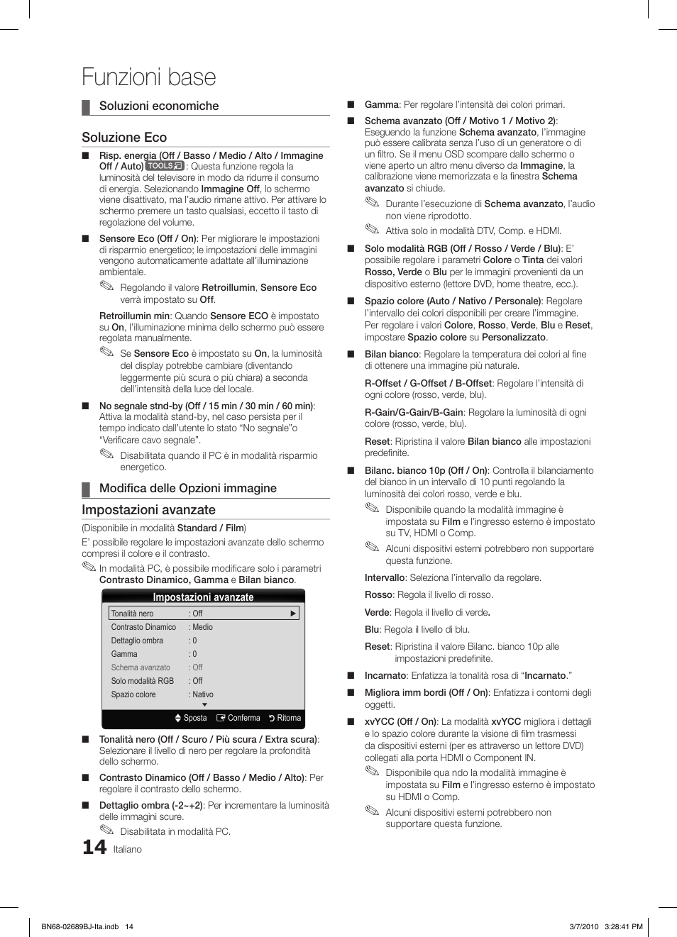 Funzioni base, Soluzione eco, Impostazioni avanzate | Samsung LE37C630K1W User Manual | Page 161 / 197