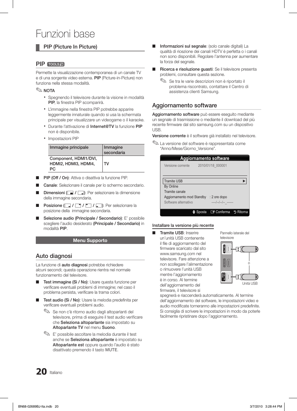 Funzioni base, Auto diagnosi, Aggiornamento software | Samsung LE37C630K1W User Manual | Page 167 / 197