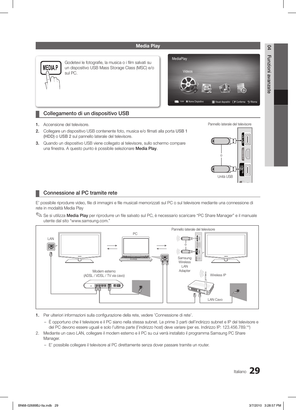 S.mode p.mode, Collegamento di un dispositivo usb, Connessione al pc tramite rete | Samsung LE37C630K1W User Manual | Page 176 / 197