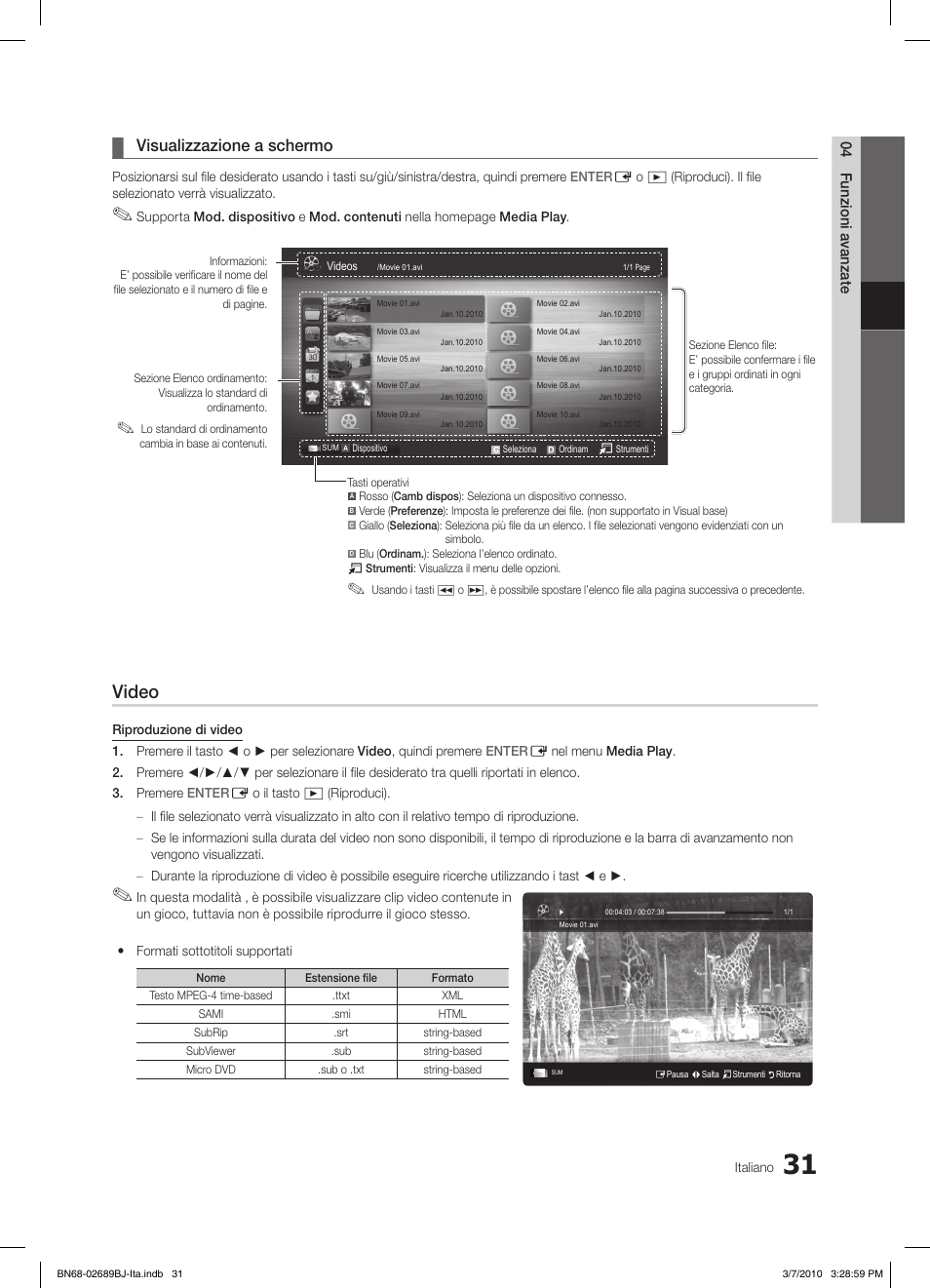 Video, Visualizzazione a schermo | Samsung LE37C630K1W User Manual | Page 178 / 197