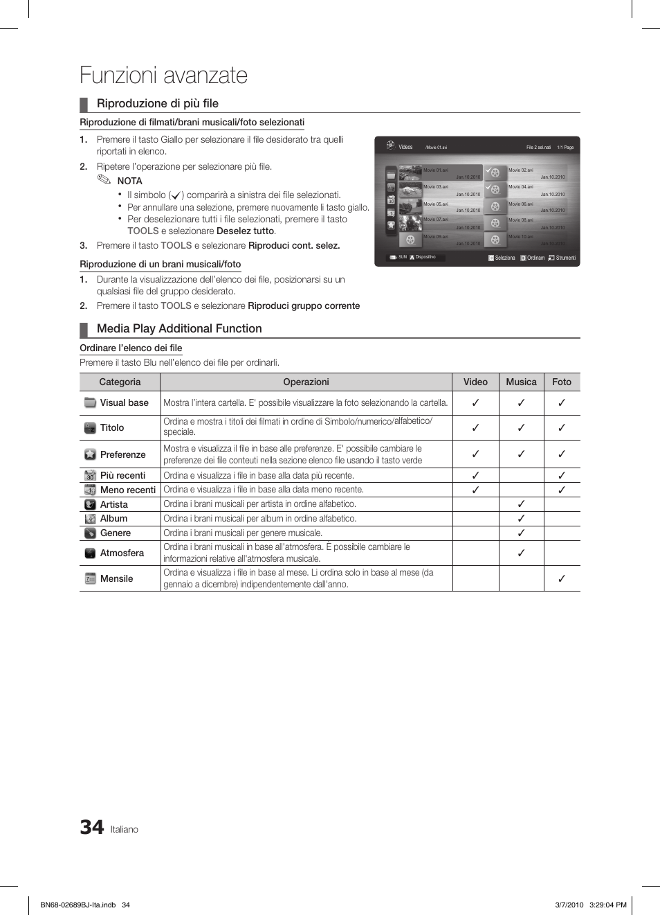 Funzioni avanzate, Riproduzione di più file, Media play additional function | Samsung LE37C630K1W User Manual | Page 181 / 197