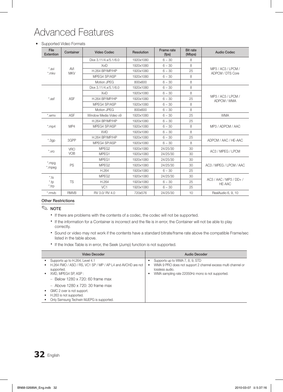 Advanced features | Samsung LE37C630K1W User Manual | Page 32 / 197