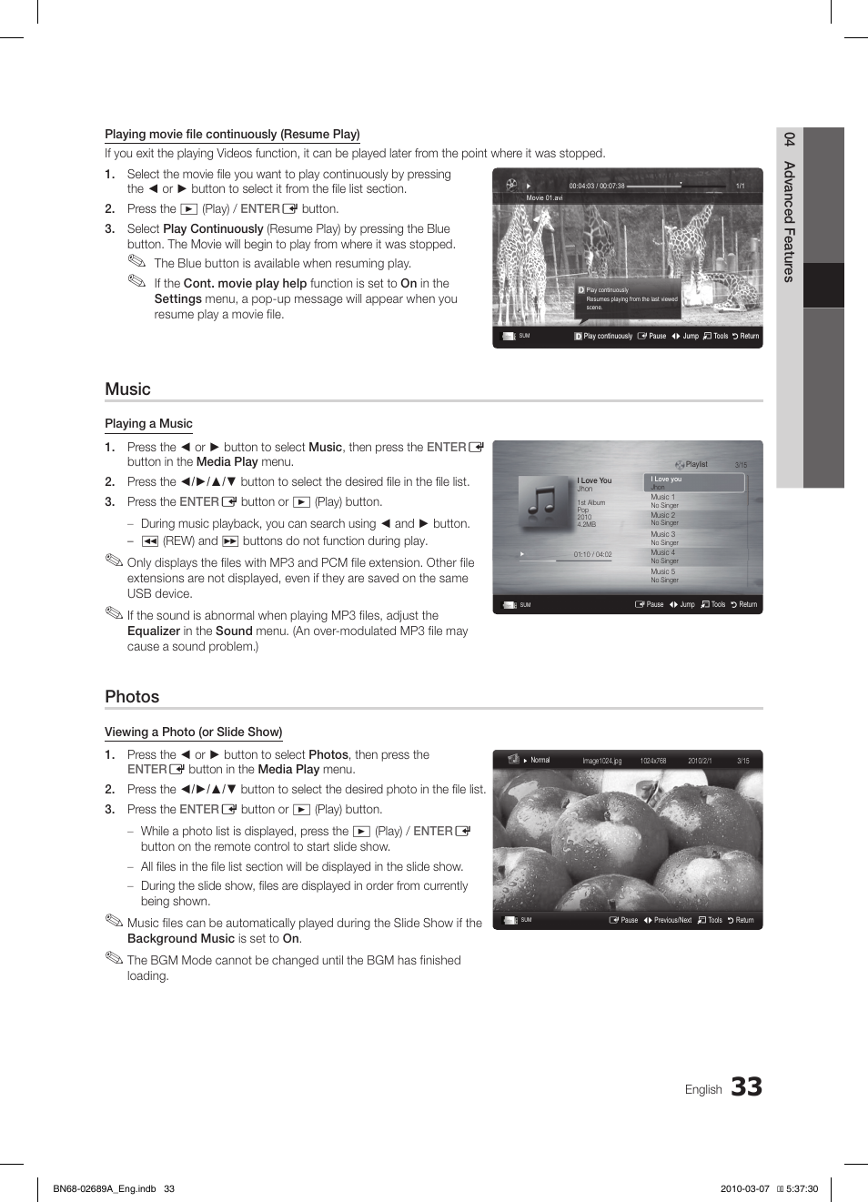 Music, Photos | Samsung LE37C630K1W User Manual | Page 33 / 197