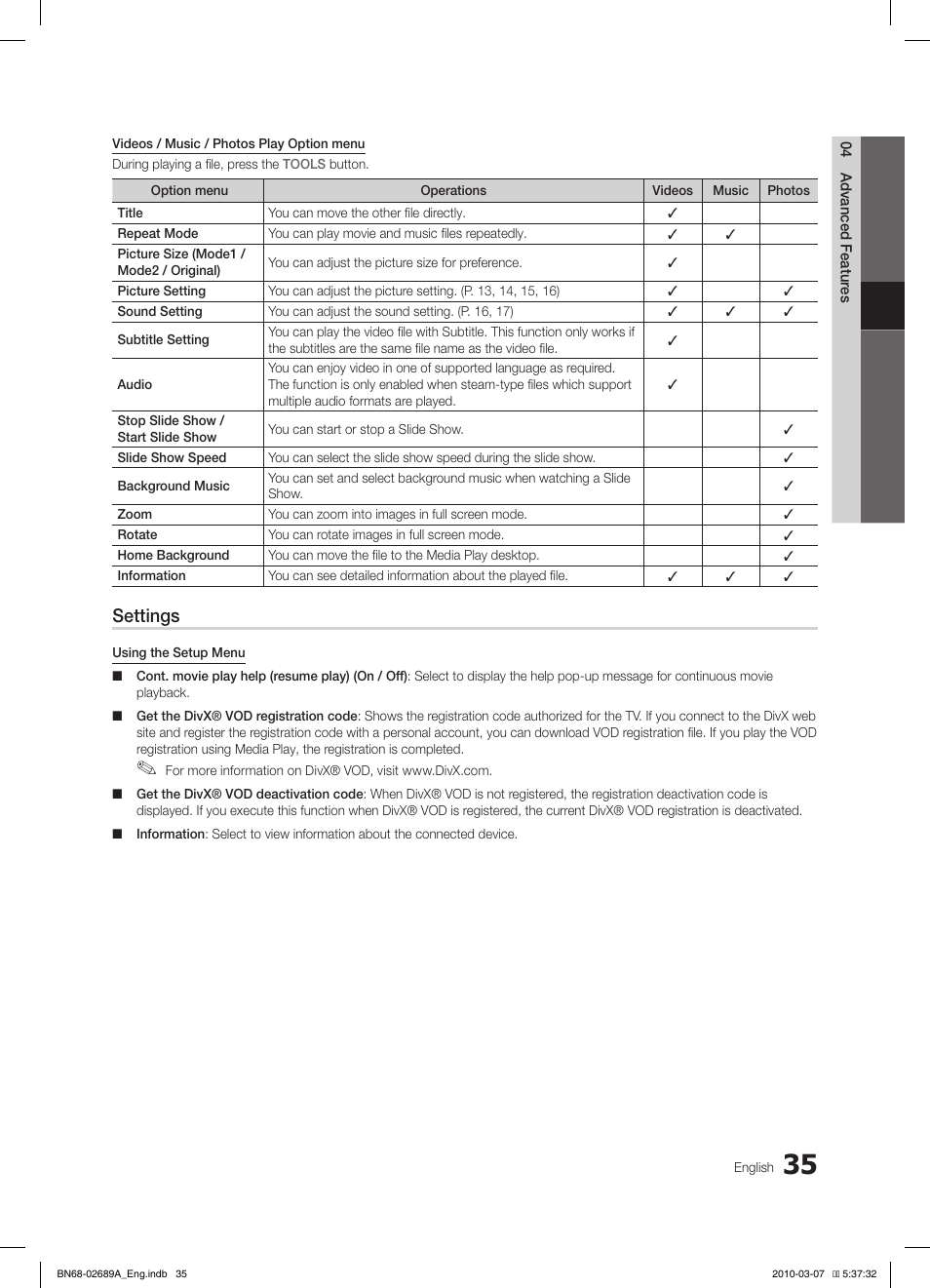 Settings | Samsung LE37C630K1W User Manual | Page 35 / 197