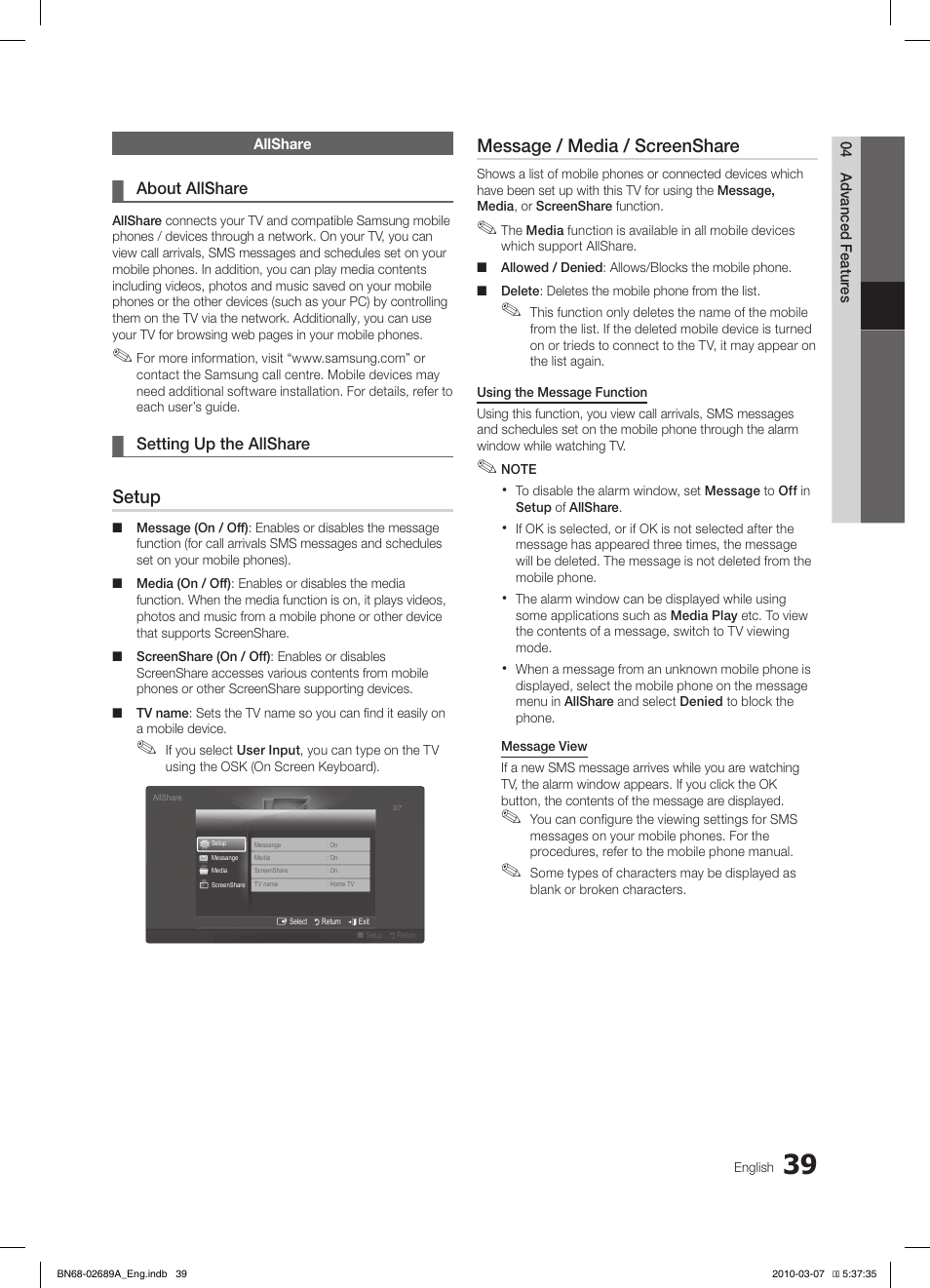 Setup, Message / media / screenshare | Samsung LE37C630K1W User Manual | Page 39 / 197