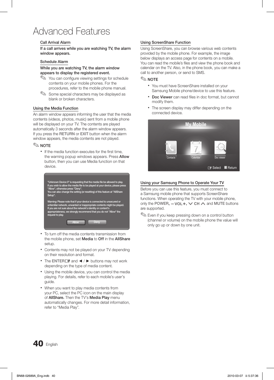 Advanced features | Samsung LE37C630K1W User Manual | Page 40 / 197