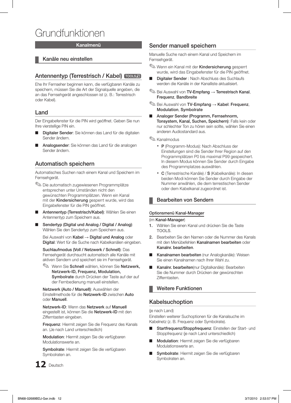 Grundfunktionen, Antennentyp (terrestrisch / kabel), Land | Automatisch speichern, Sender manuell speichern, Kabelsuchoption | Samsung LE37C630K1W User Manual | Page 61 / 197