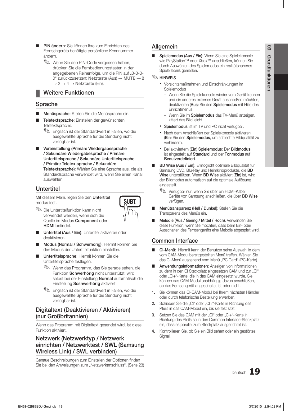 S.mode p.mode, Weitere funktionen ¦ sprache, Untertitel | Allgemein, Common interface | Samsung LE37C630K1W User Manual | Page 68 / 197