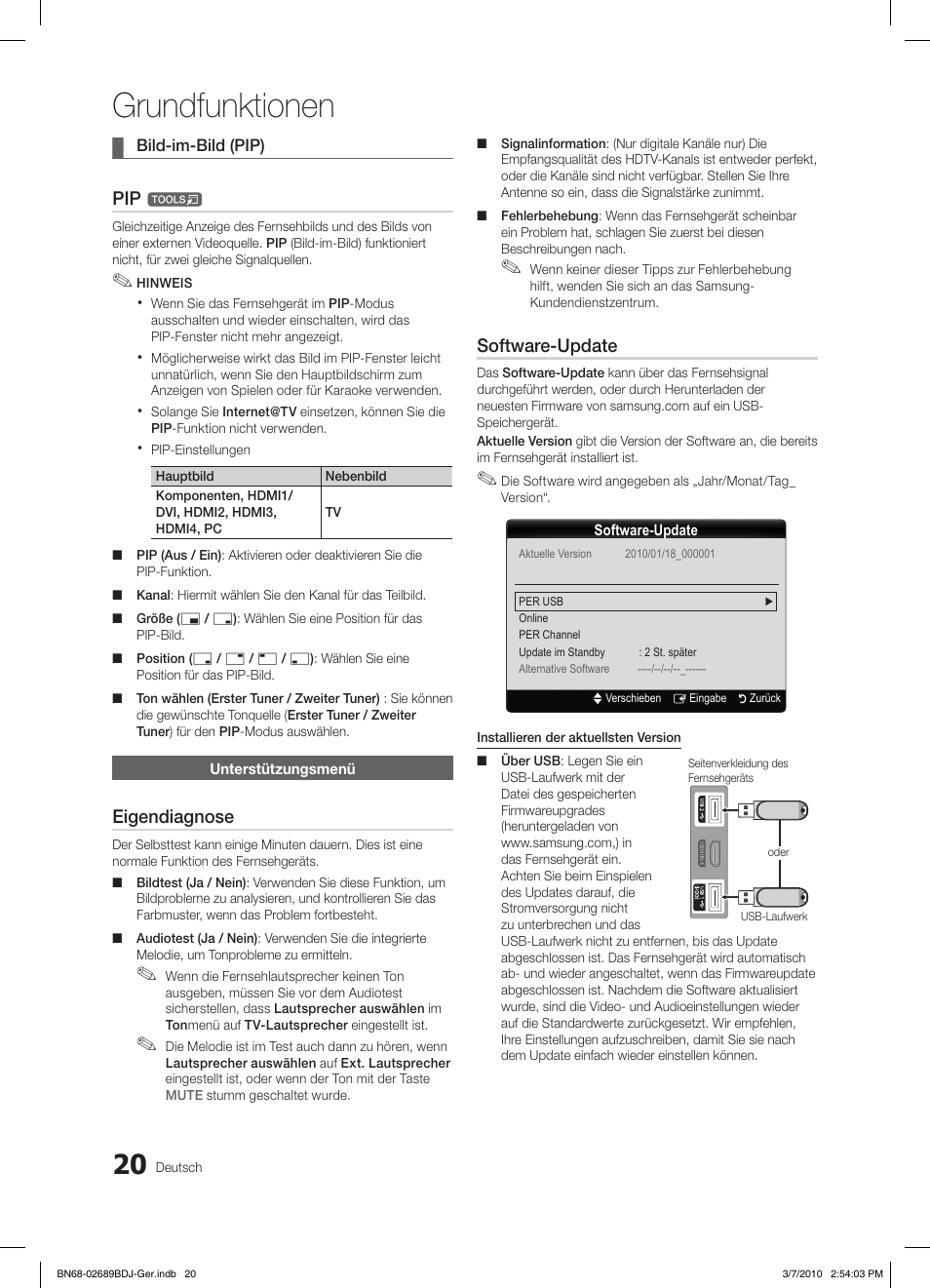 Grundfunktionen, Eigendiagnose, Software-update | Samsung LE37C630K1W User Manual | Page 69 / 197