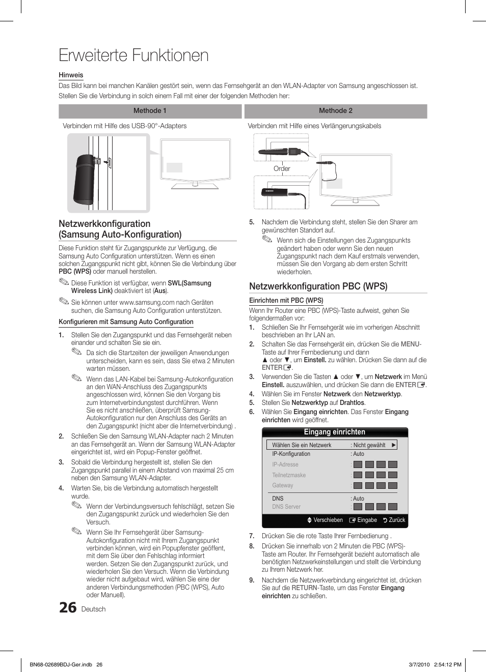 Erweiterte funktionen, Netzwerkkonfiguration (samsung auto-konfiguration), Netzwerkkonfiguration pbc (wps) | Samsung LE37C630K1W User Manual | Page 75 / 197