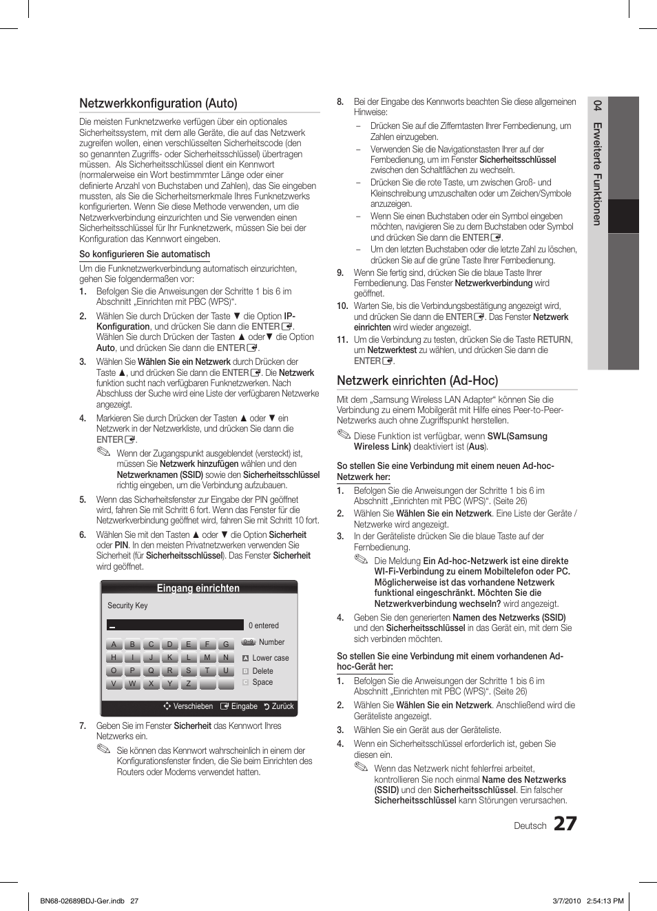 Netzwerkkonfiguration (auto), Netzwerk einrichten (ad-hoc) | Samsung LE37C630K1W User Manual | Page 76 / 197