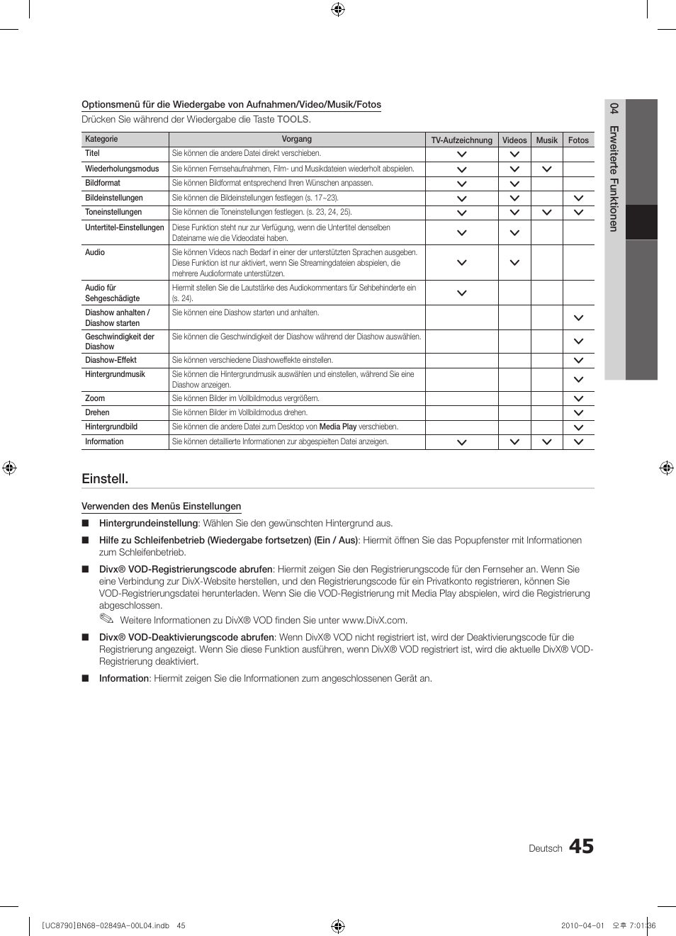 Einstell | Samsung UE46C8700XS User Manual | Page 109 / 258