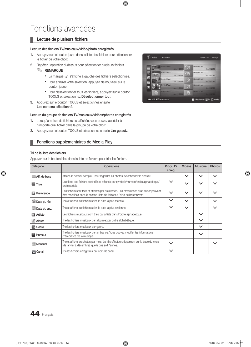 Fonctions avancées, Lecture de plusieurs fichiers, Fonctions supplémentaires de media play | Samsung UE46C8700XS User Manual | Page 172 / 258