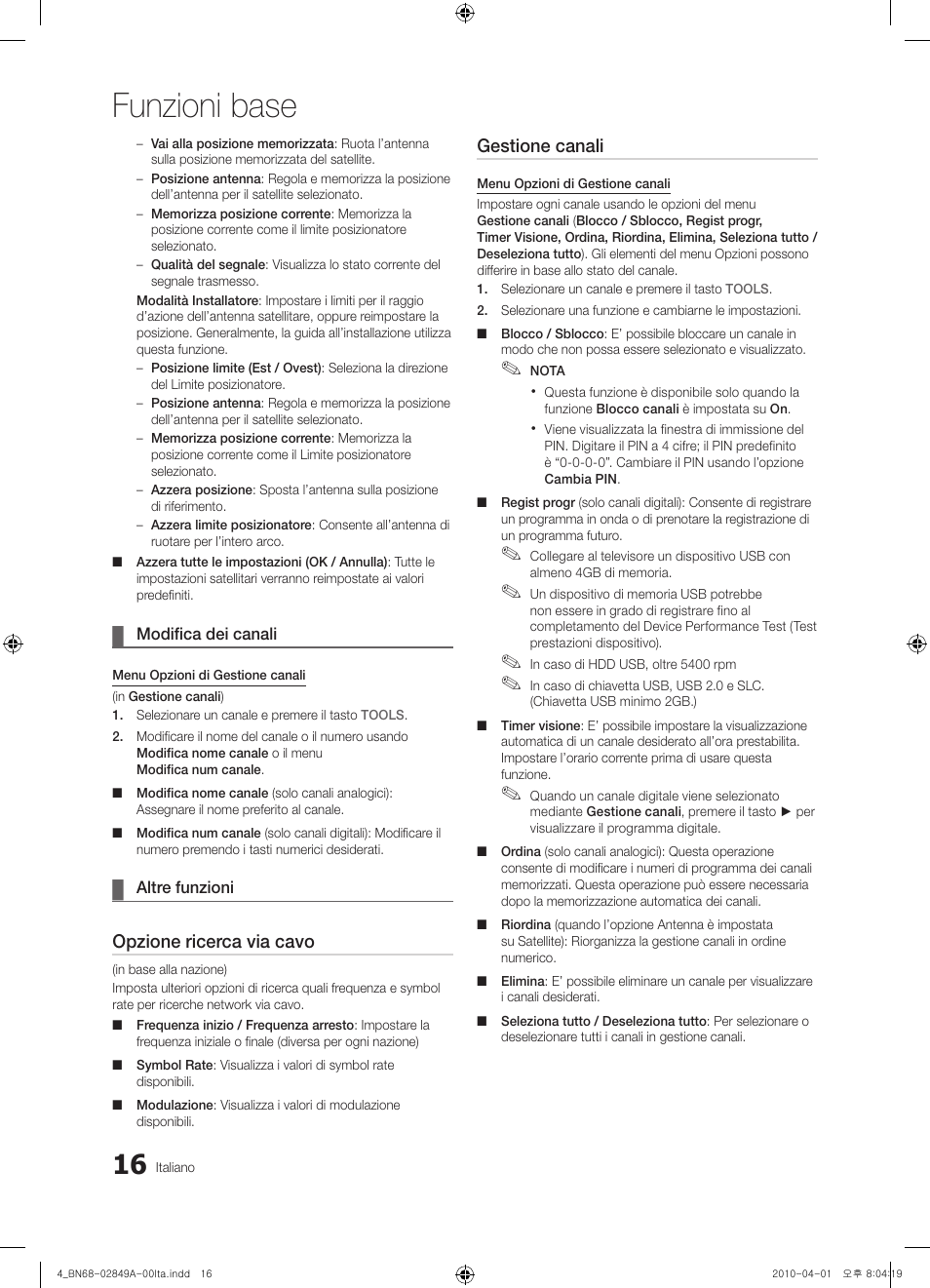 Funzioni base, Opzione ricerca via cavo, Gestione canali | Samsung UE46C8700XS User Manual | Page 208 / 258