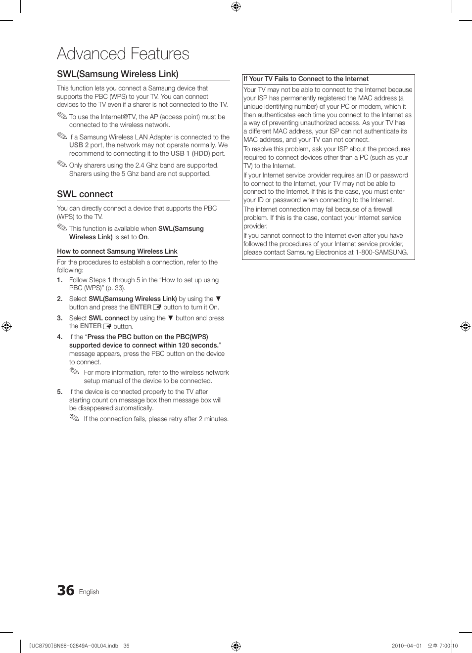 Advanced features | Samsung UE46C8700XS User Manual | Page 36 / 258