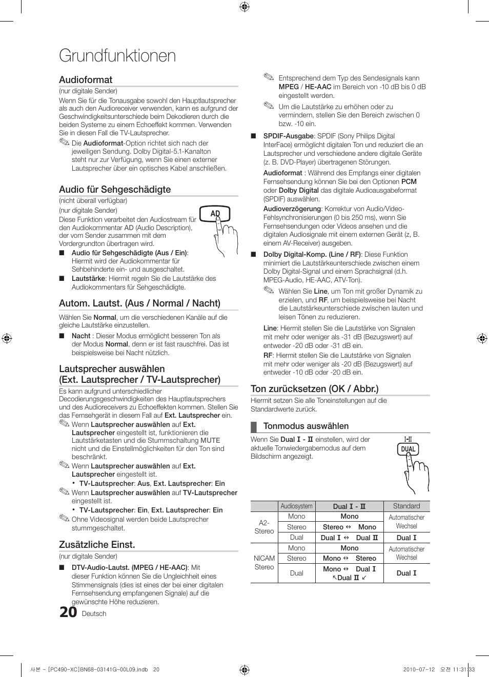Grundfunktionen, Audioformat, Audio für sehgeschädigte | Autom. lautst. (aus / normal / nacht), Zusätzliche einst, Ton zurücksetzen (ok / abbr.) | Samsung PS50C490B3W User Manual | Page 104 / 382