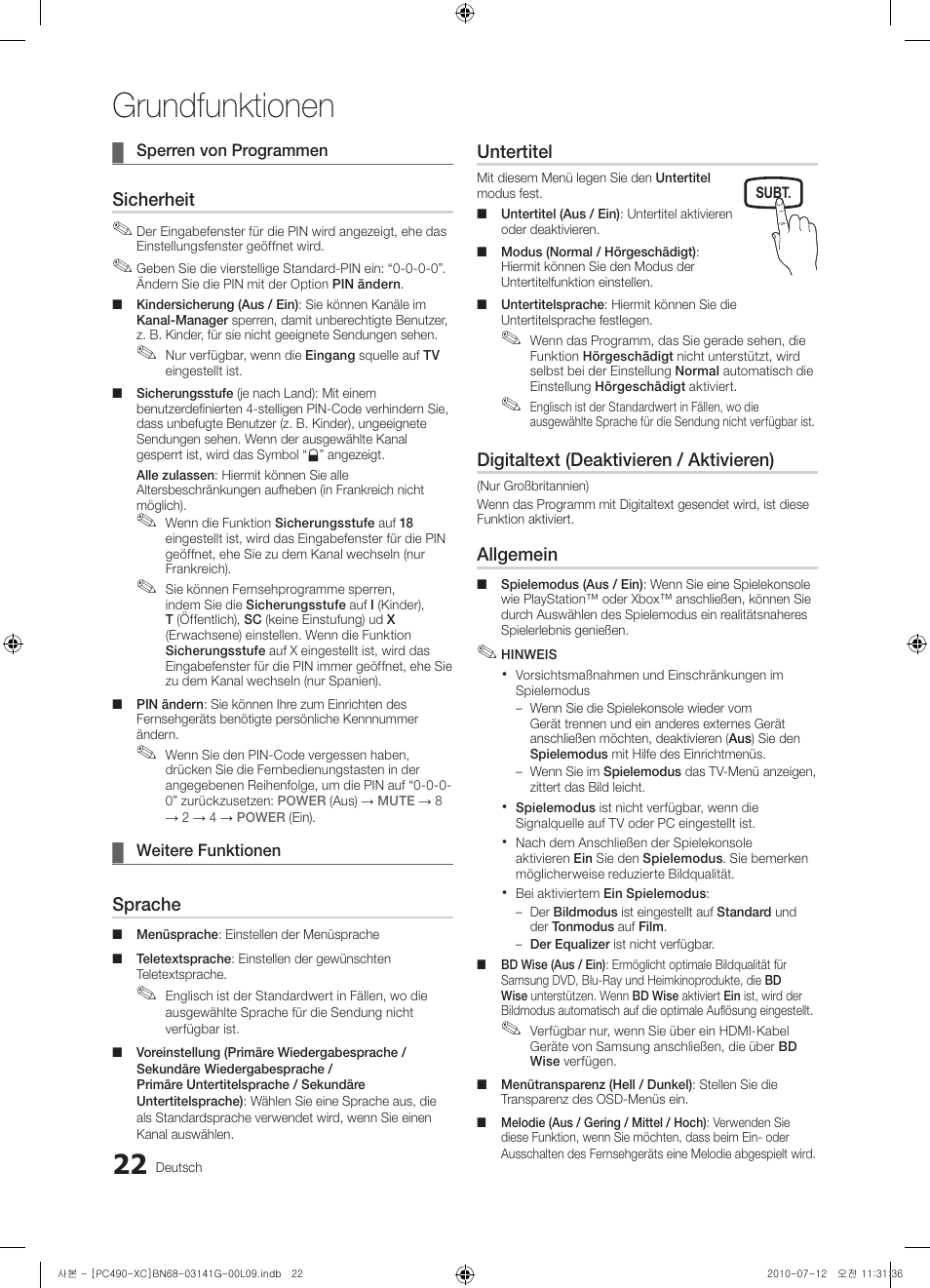 Grundfunktionen, Sicherheit, Sprache | Untertitel, Digitaltext (deaktivieren / aktivieren), Allgemein | Samsung PS50C490B3W User Manual | Page 106 / 382