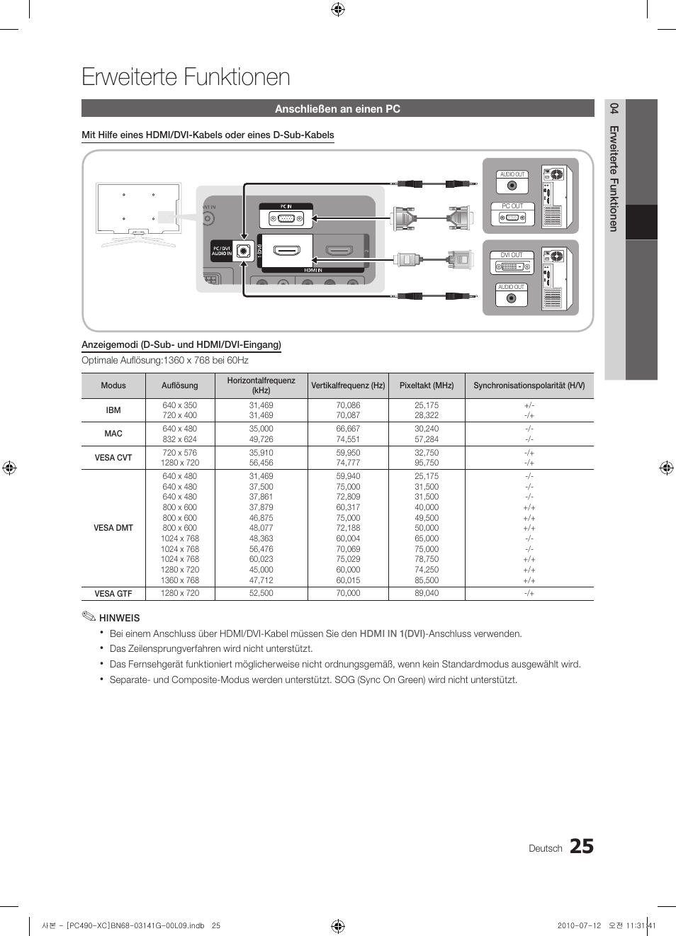Erweiterte funktionen | Samsung PS50C490B3W User Manual | Page 109 / 382