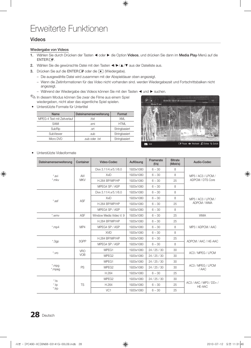 Erweiterte funktionen, Videos | Samsung PS50C490B3W User Manual | Page 112 / 382