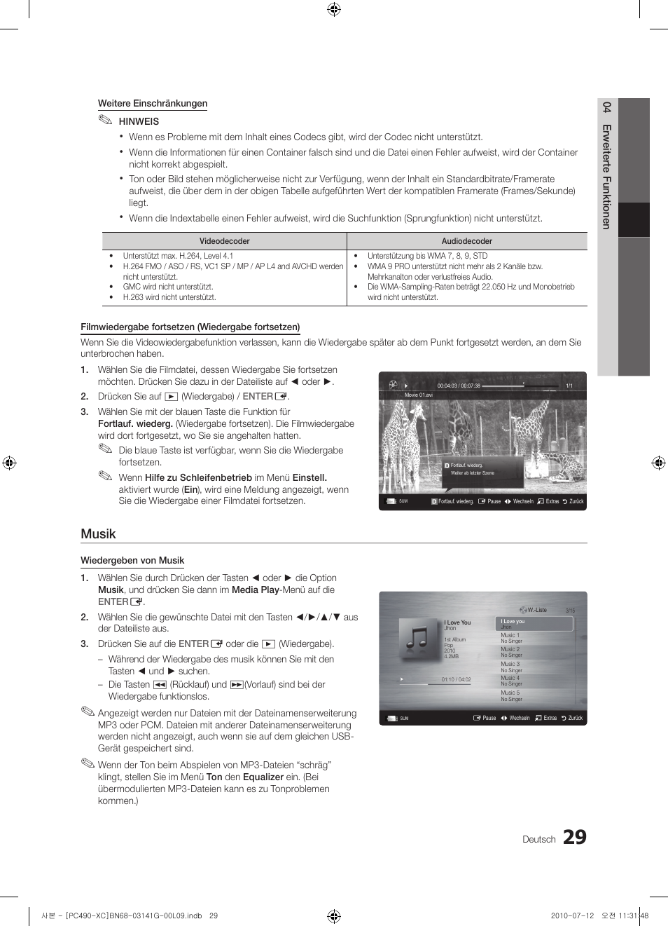 Musik | Samsung PS50C490B3W User Manual | Page 113 / 382