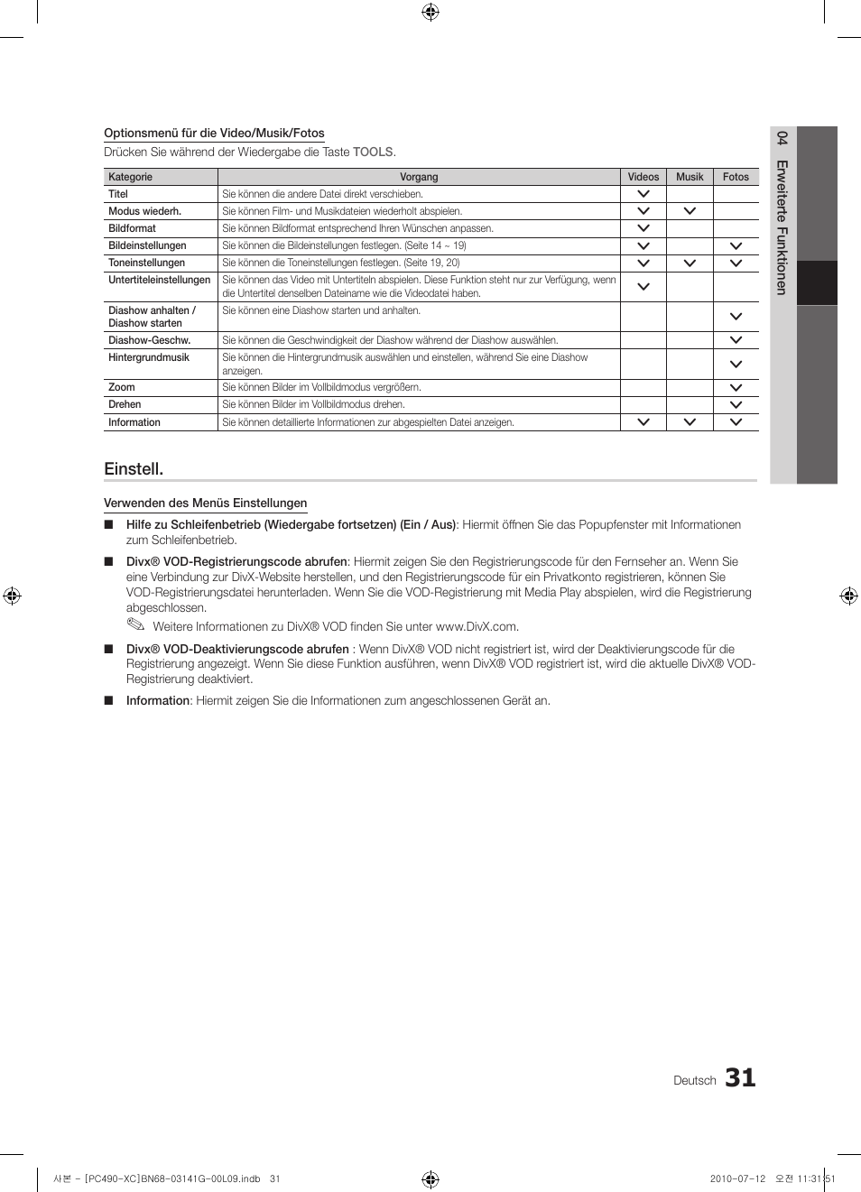 Einstell | Samsung PS50C490B3W User Manual | Page 115 / 382