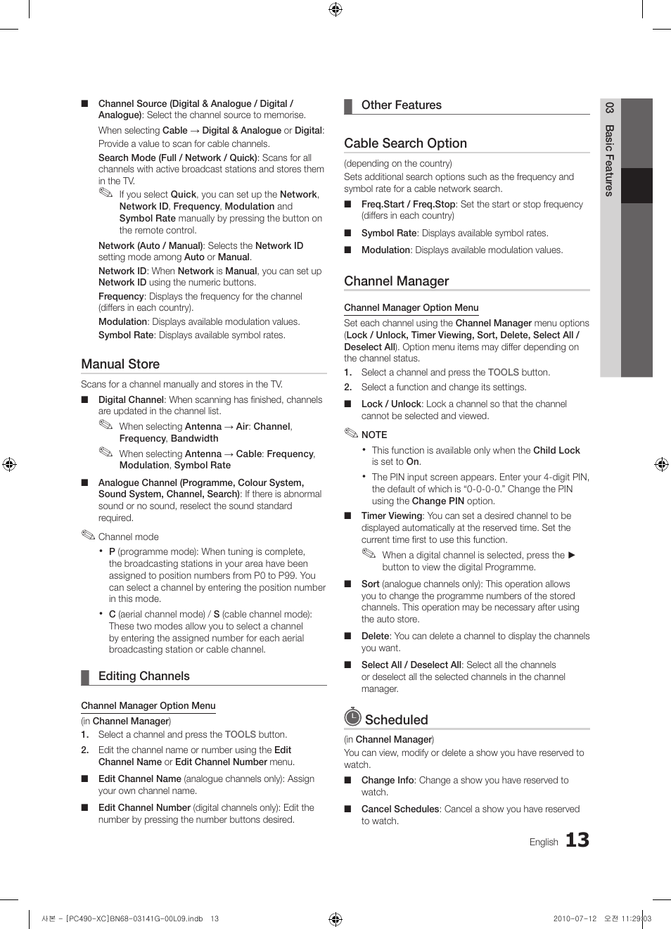Manual store, Cable search option, Channel manager | Scheduled | Samsung PS50C490B3W User Manual | Page 13 / 382