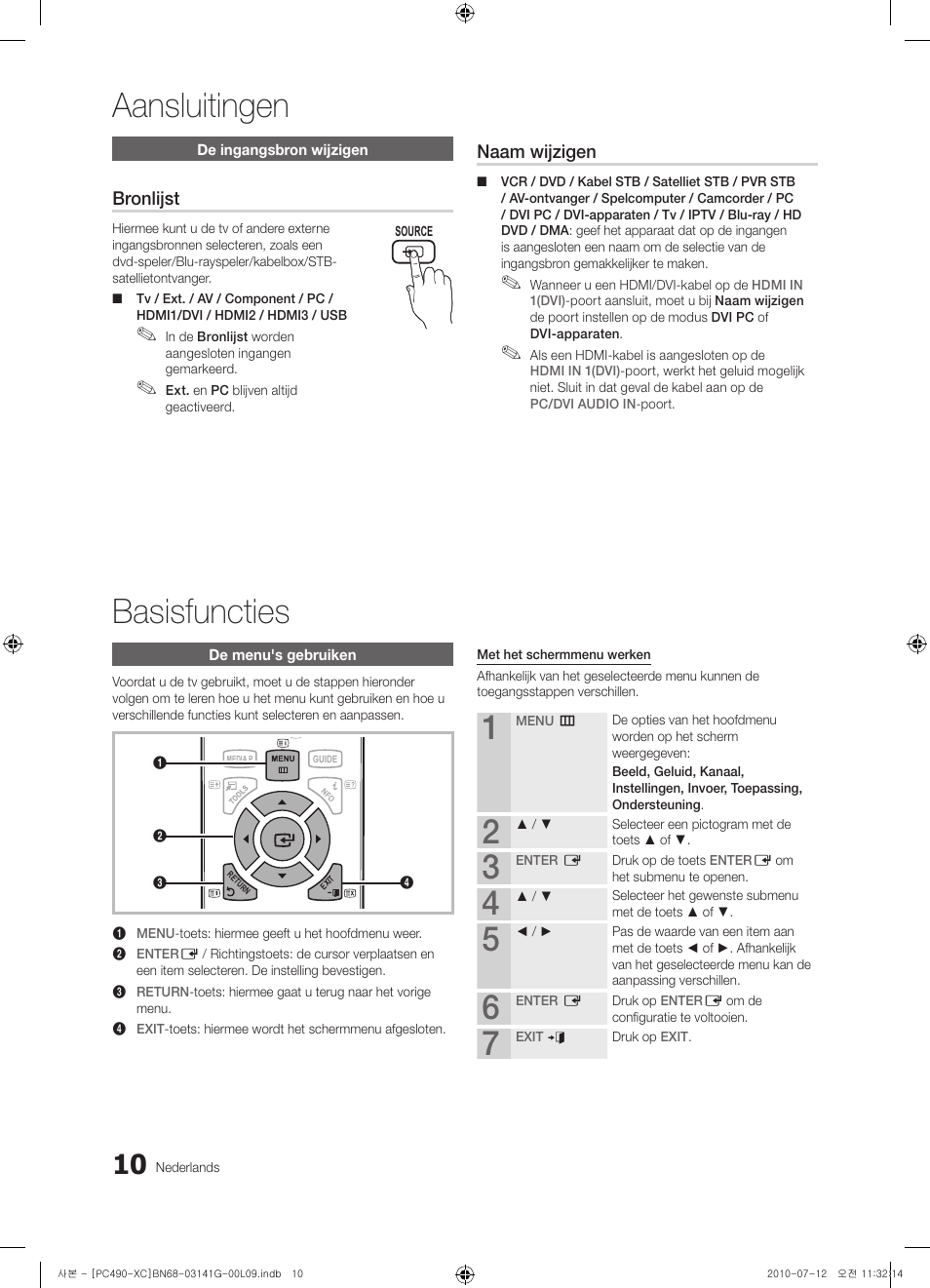 Aansluitingen basisfuncties, Bronlijst, Naam wijzigen | Samsung PS50C490B3W User Manual | Page 136 / 382