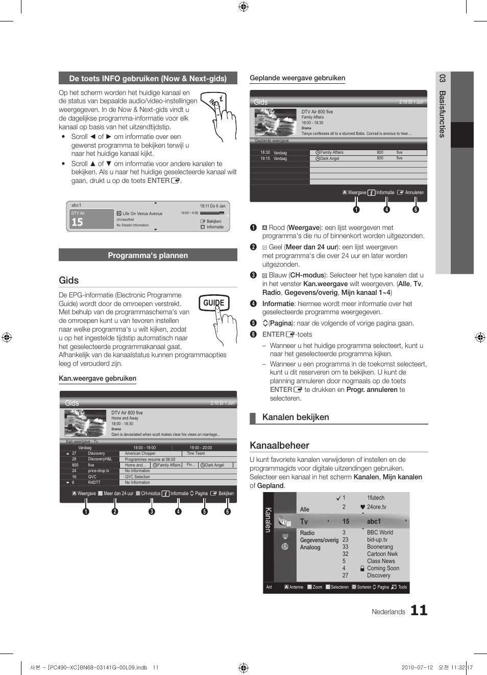 Gids, Kanaalbeheer, Kanalen bekijken | Guide, Programma's plannen, Kanalen | Samsung PS50C490B3W User Manual | Page 137 / 382