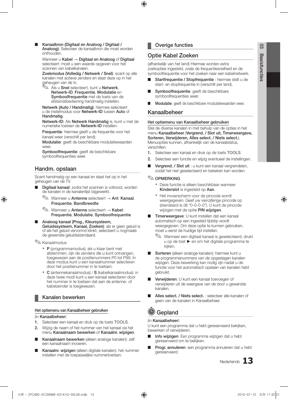 Handm. opslaan, Optie kabel zoeken, Kanaalbeheer | Gepland | Samsung PS50C490B3W User Manual | Page 139 / 382