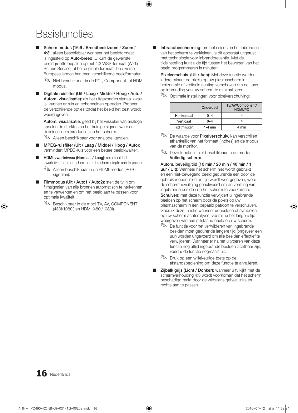 Basisfuncties | Samsung PS50C490B3W User Manual | Page 142 / 382
