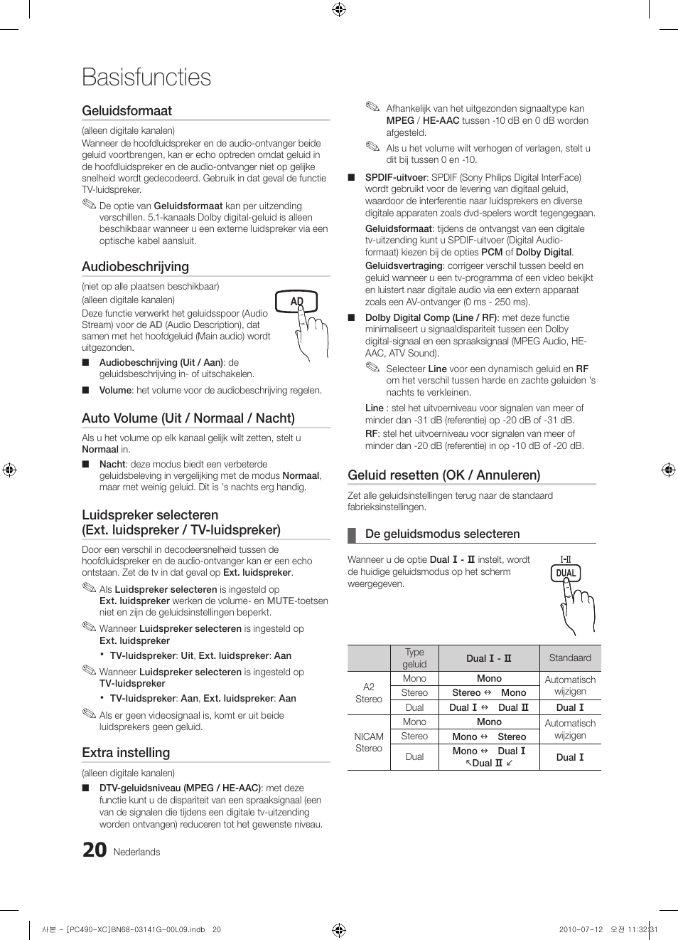 Basisfuncties, Geluidsformaat, Audiobeschrijving | Auto volume (uit / normaal / nacht), Extra instelling, Geluid resetten (ok / annuleren) | Samsung PS50C490B3W User Manual | Page 146 / 382