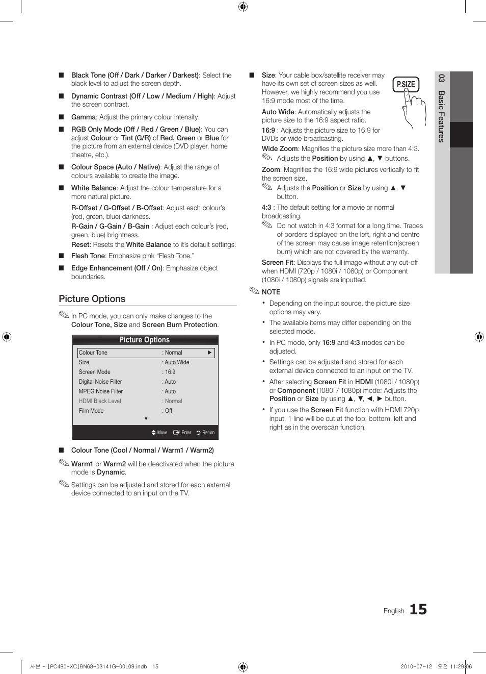 Picture options | Samsung PS50C490B3W User Manual | Page 15 / 382