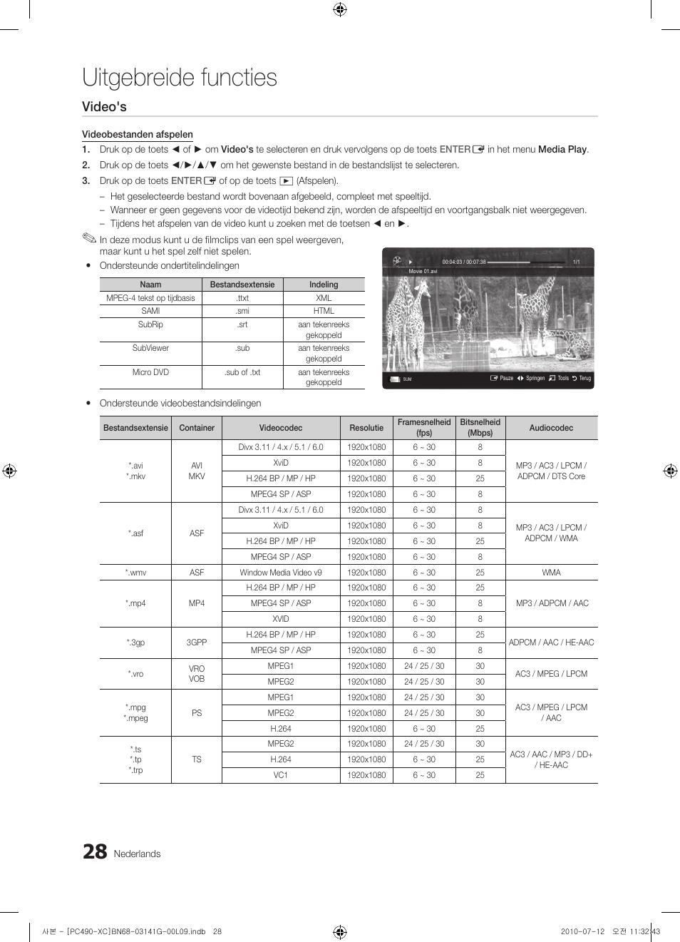 Uitgebreide functies, Video's | Samsung PS50C490B3W User Manual | Page 154 / 382