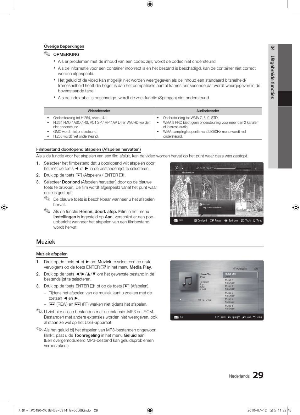 Muziek | Samsung PS50C490B3W User Manual | Page 155 / 382