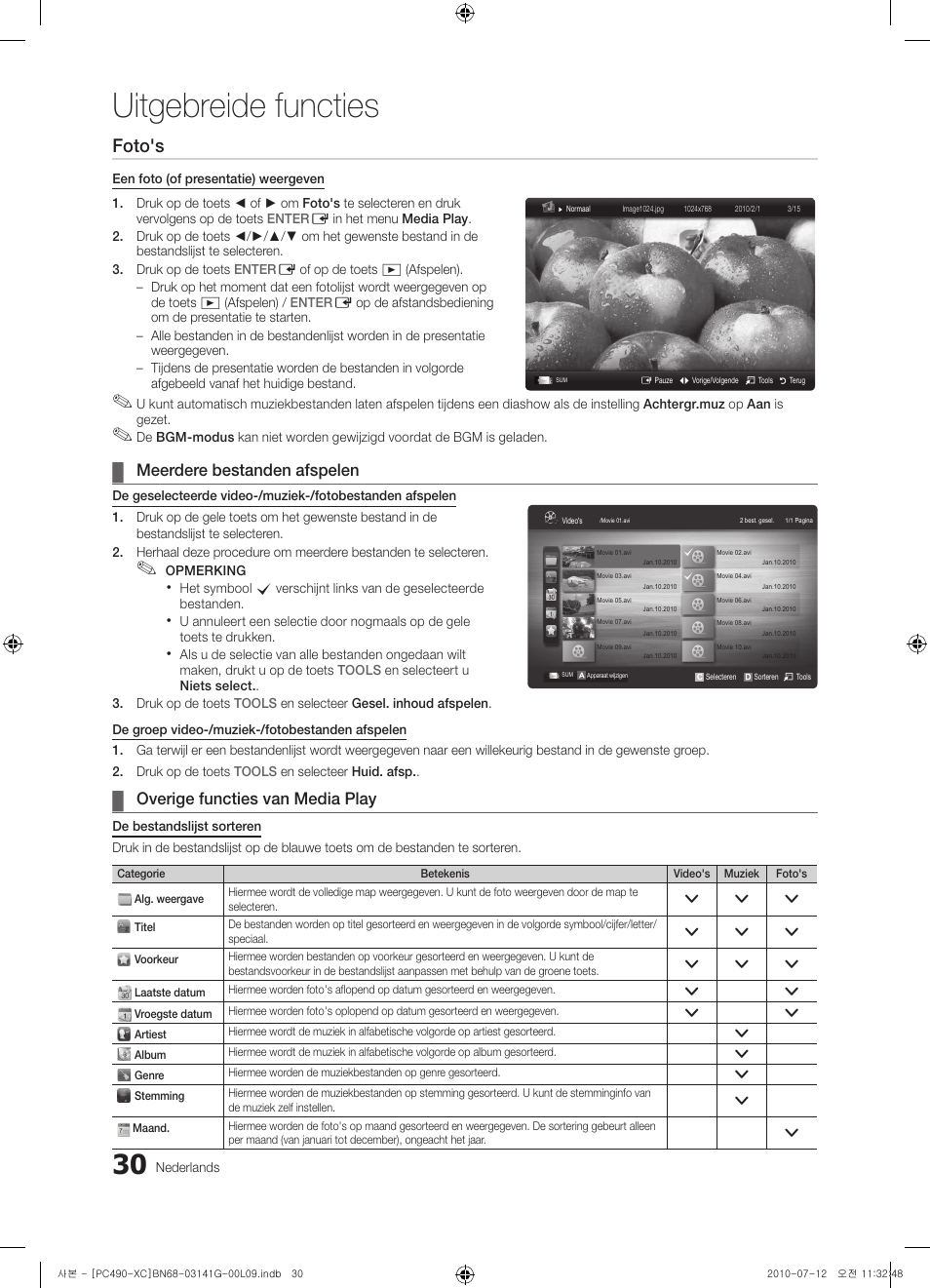 Uitgebreide functies, Foto's, Meerdere bestanden afspelen | Overige functies van media play | Samsung PS50C490B3W User Manual | Page 156 / 382