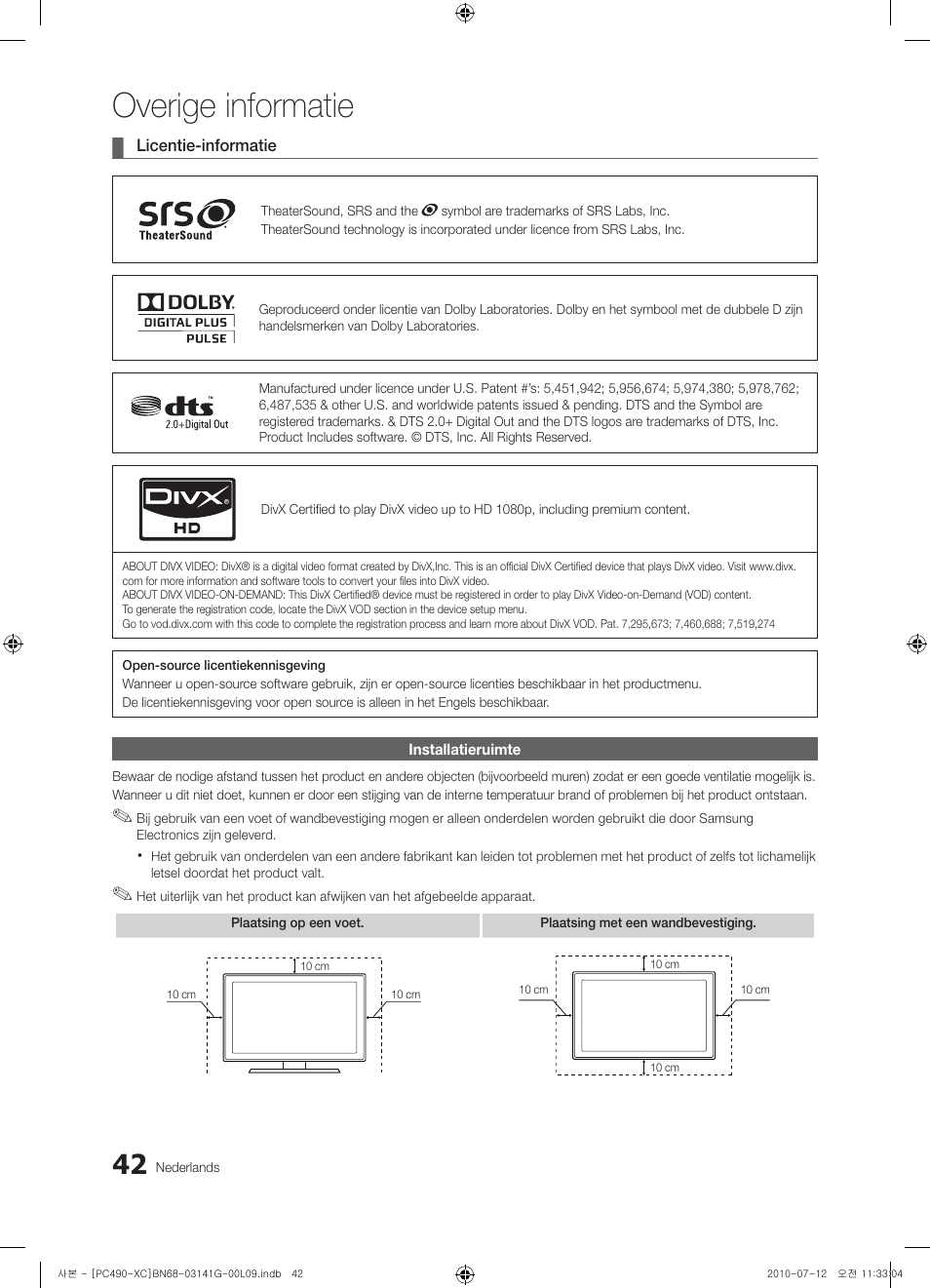 Overige informatie | Samsung PS50C490B3W User Manual | Page 168 / 382