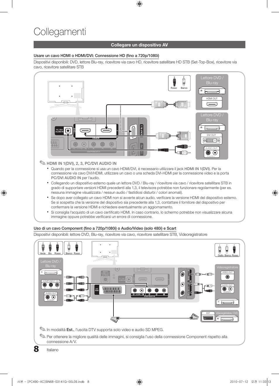 Collegamenti, Collegare un dispositivo av | Samsung PS50C490B3W User Manual | Page 176 / 382