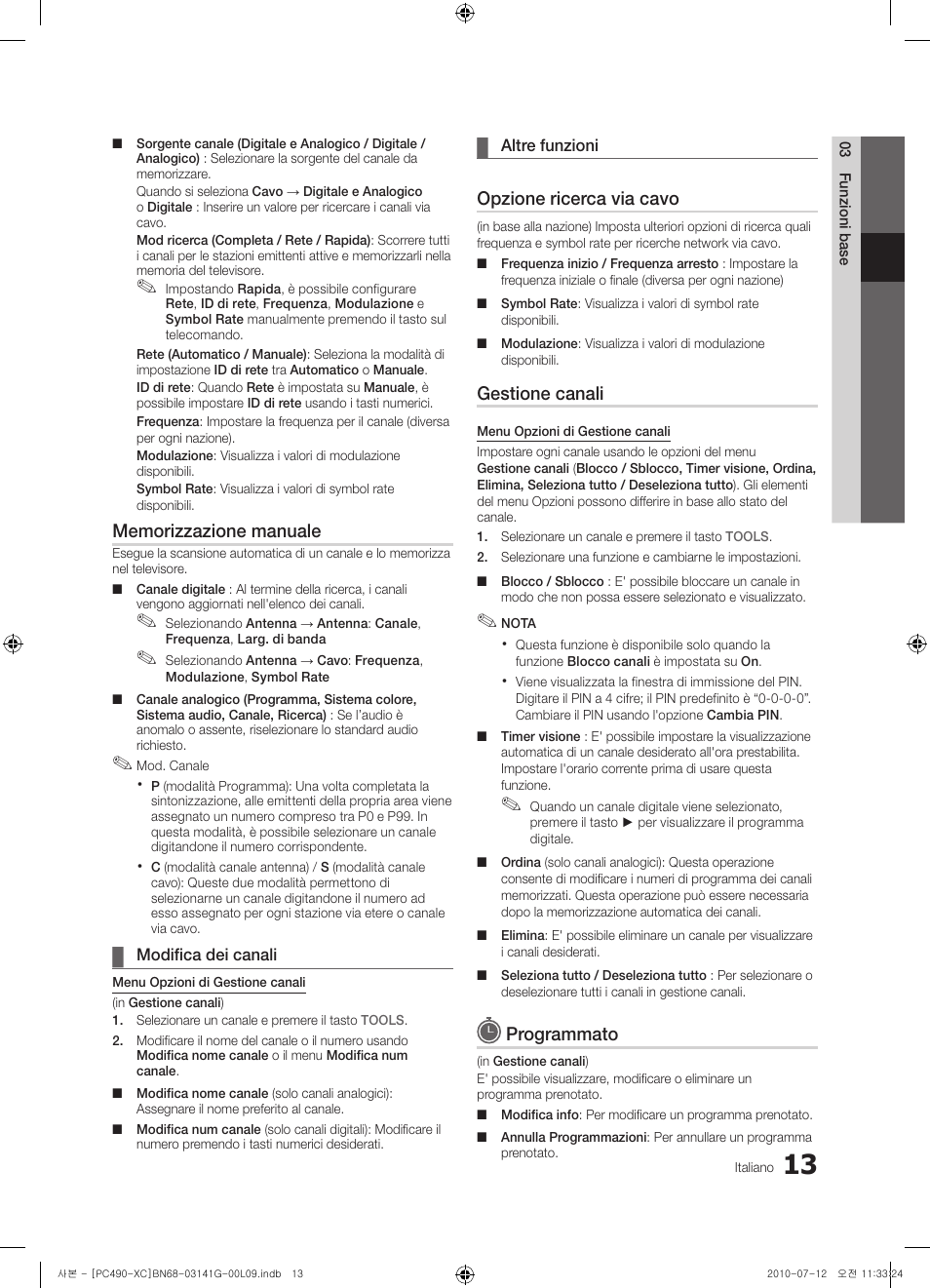 Opzione ricerca via cavo, Gestione canali, Programmato | Samsung PS50C490B3W User Manual | Page 181 / 382